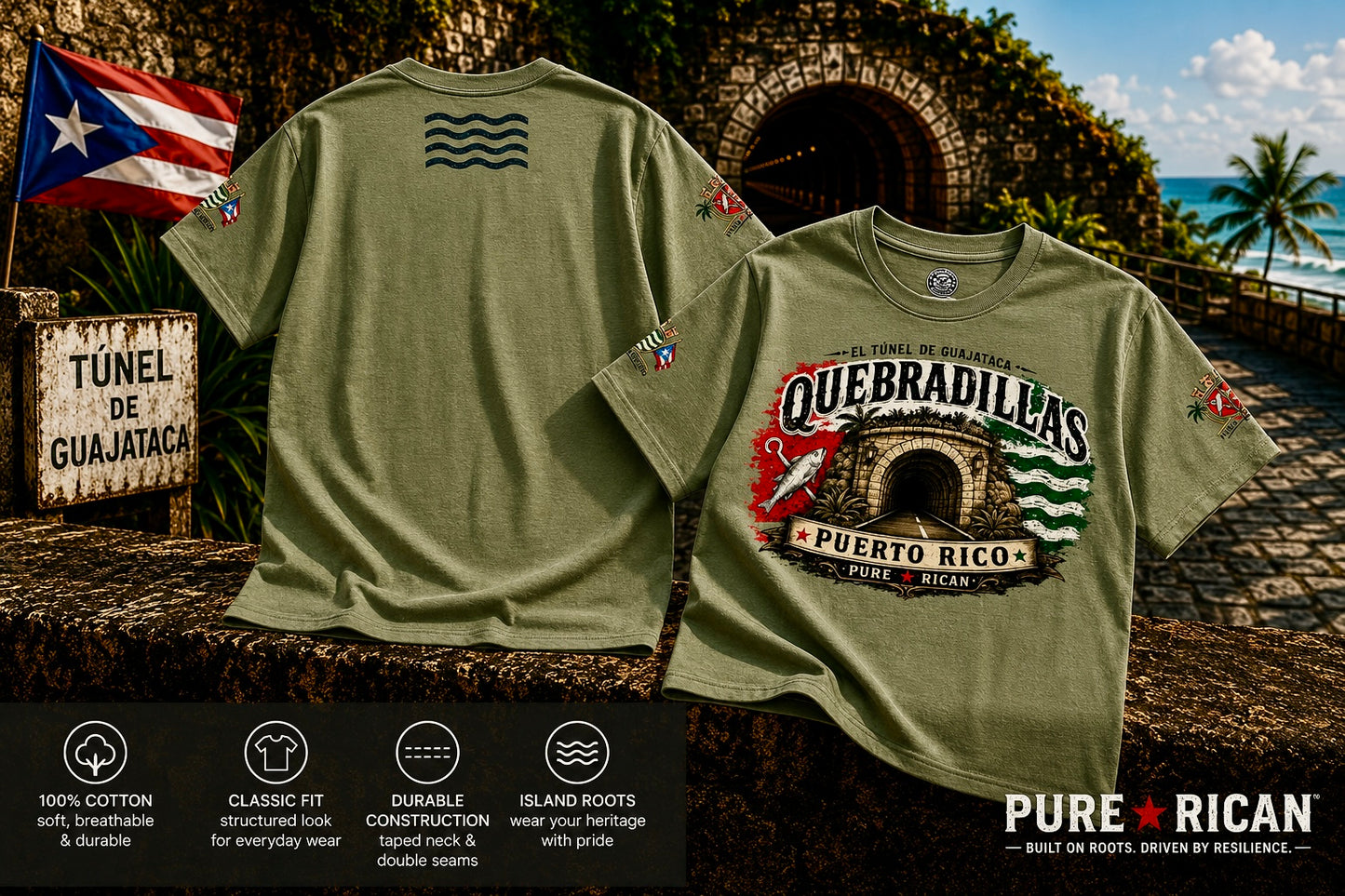 Green t-shirt with Quebradillas Puerto Rico design on a scenic background