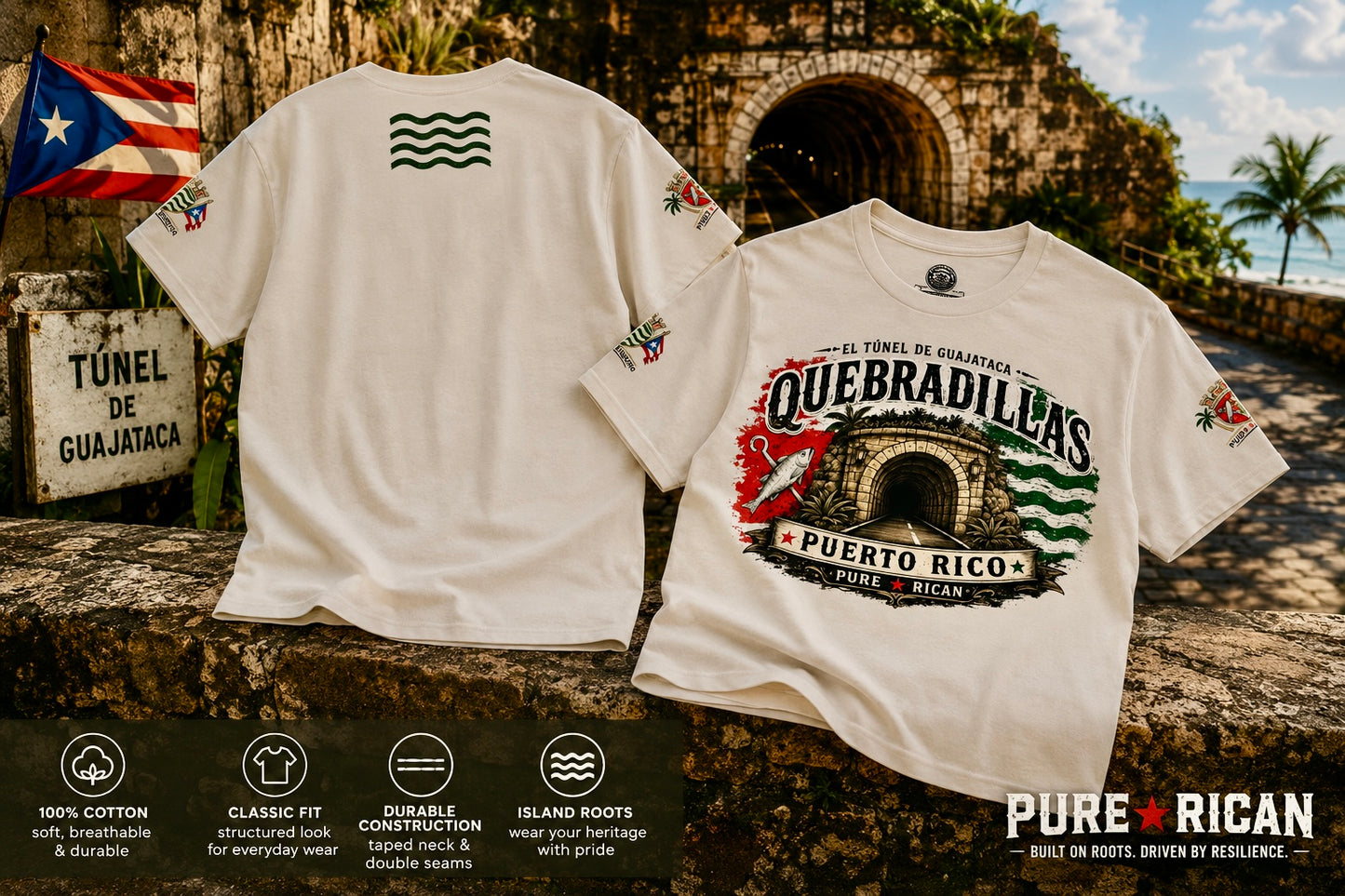 Two white t-shirts with 'Quebradillas Puerto Rico' design on a stone wall background.
