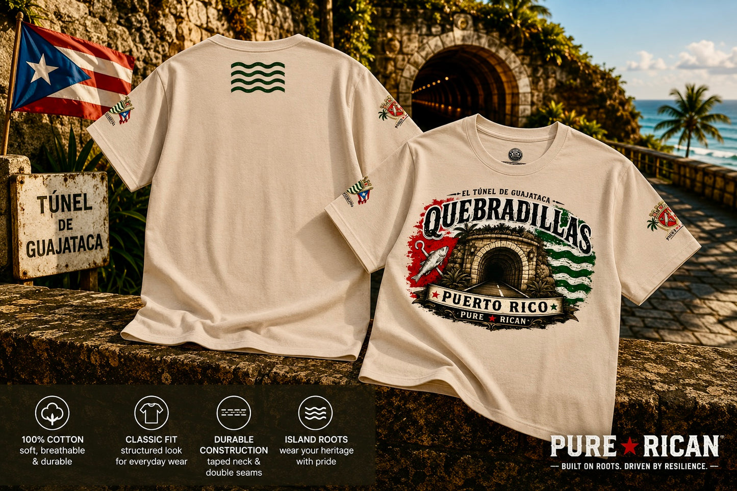 Two t-shirts with 'Quebradillas' design on a scenic background with a flag and ocean view.