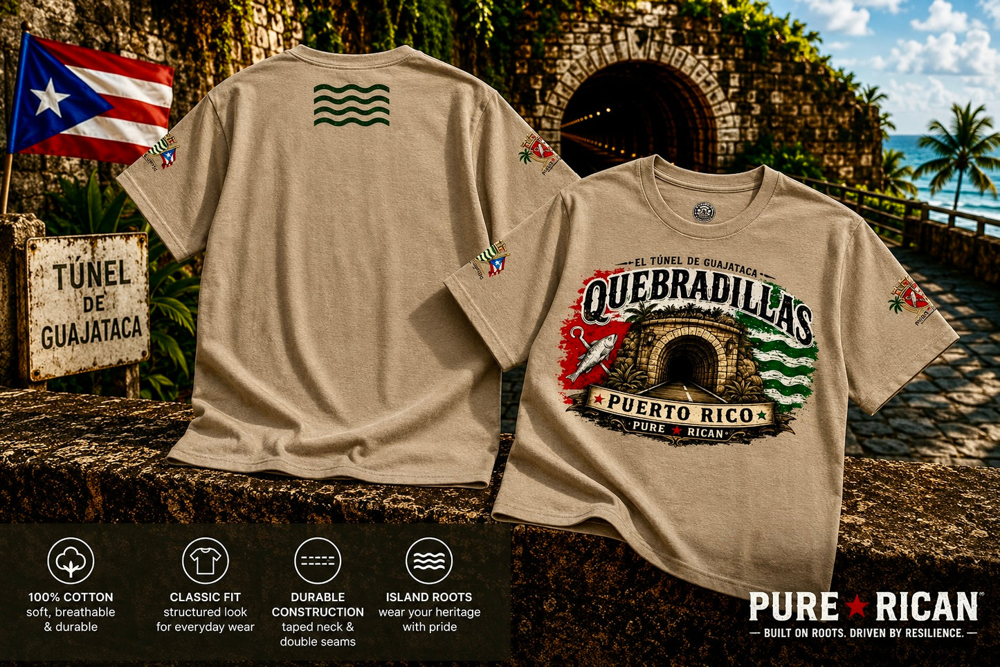 Beige t-shirt with Quebradillas Puerto Rico design on a scenic background