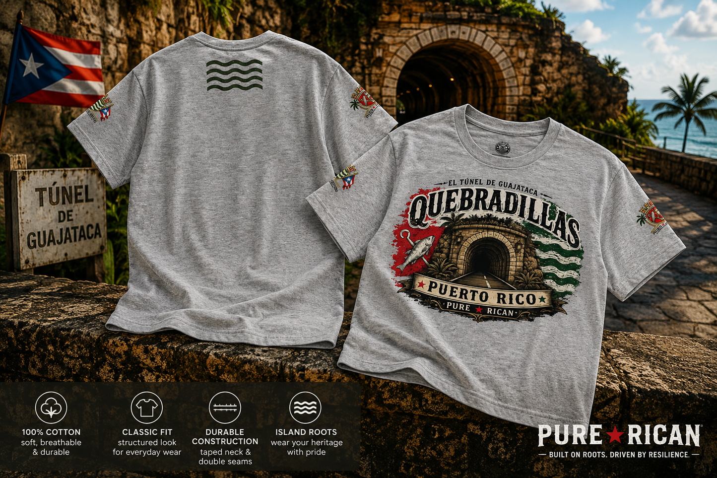 Gray t-shirt with 'Quebradillas Puerto Rico' design on a stone wall background