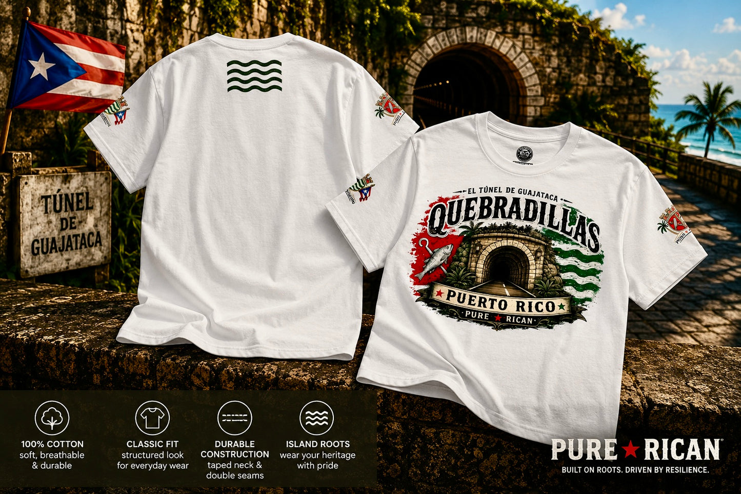 White t-shirt with Quebradillas Puerto Rico design on a scenic background