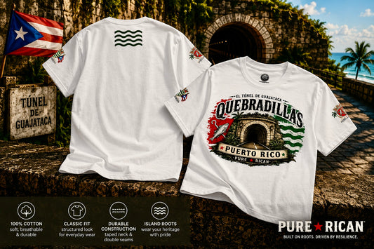White t-shirt with Quebradillas Puerto Rico design on a scenic background