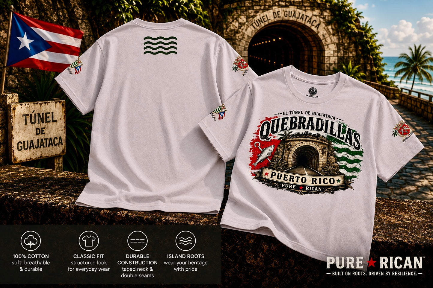 White t-shirt with Quebradilllas Puerto Rico design on a scenic background