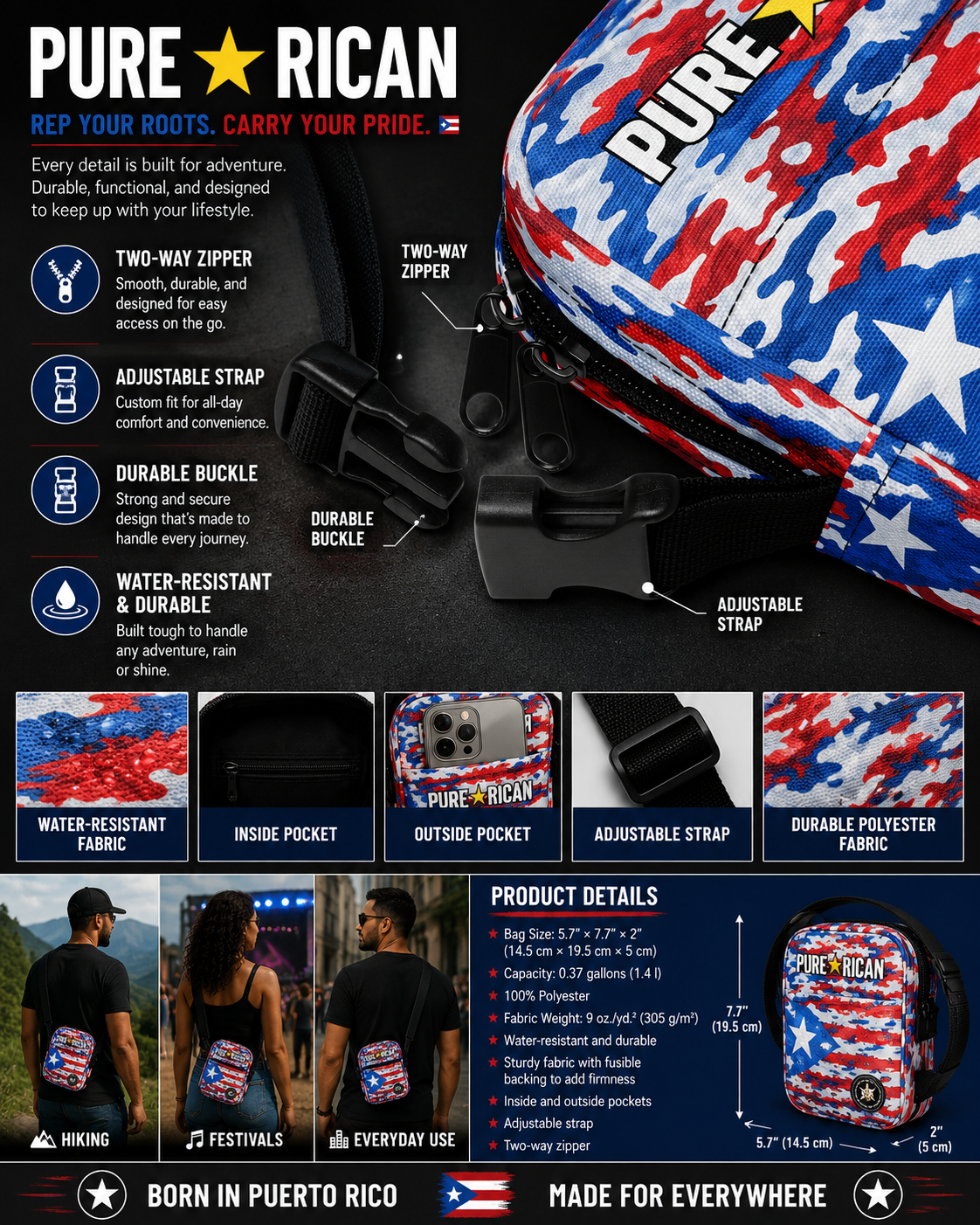 Close-up of the adjustable strap and buckle system on the Pure⭐️Rican Patriotic Camo Crossbody Utility Bag.