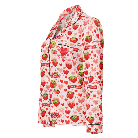 Pure⭐️Rican Amor & Coquí women’s long sleeve pajama top in Misty Rose with Valentine frog and heart print, button-down satin sleepwear front view