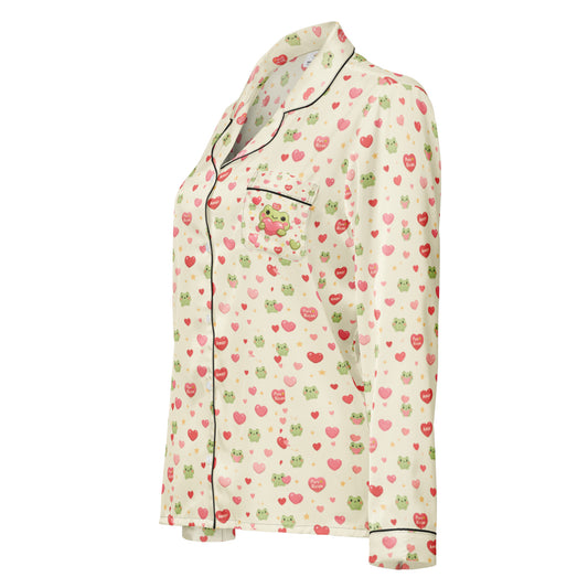 Pure⭐️Rican Amor Sapo long-sleeve satin pajama top in apricot white with frog and heart pattern, button-up front, chest pocket, and contrast piping