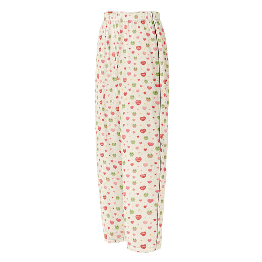 Pure⭐️Rican Amor Sapo satin pajama bottoms in apricot white with frog and heart pattern, relaxed fit, elastic waistband, and silky fabric