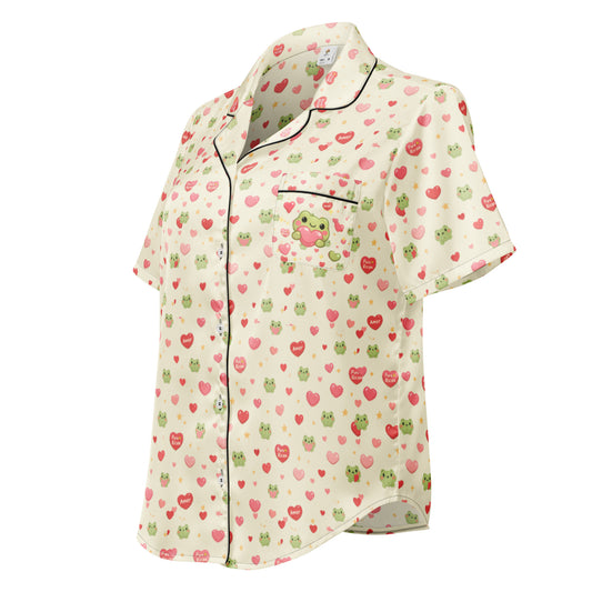 Pure⭐️Rican Amor Sapo satin pajama top in apricot white with frog and heart pattern, short sleeves, button-up front, and contrast piping