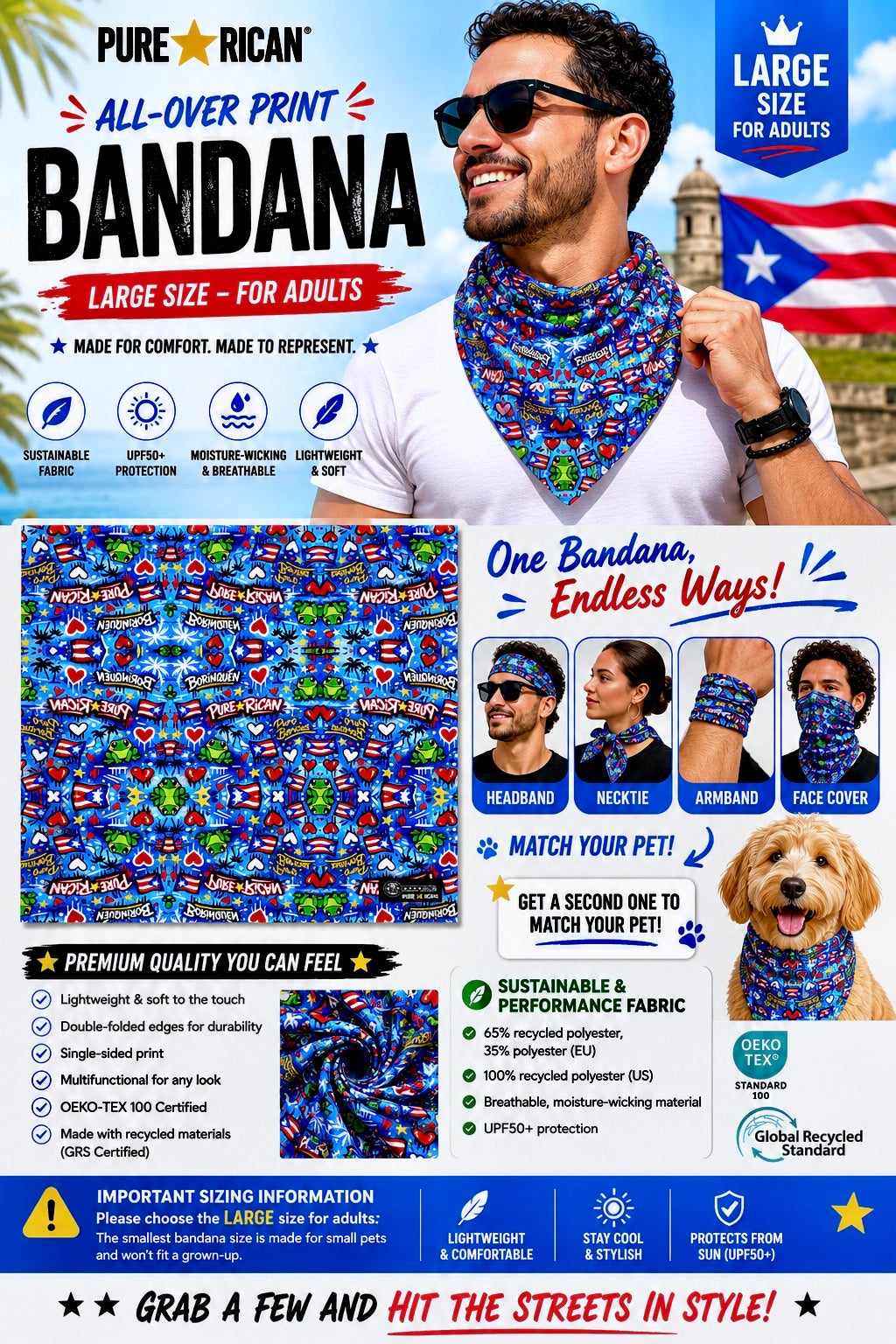 Large-size Pure⭐️Rican BORINQUÉN all-over print bandana premium complementary image featuring an adult model wearing the blue Puerto Rican graffiti-style bandana. Includes multifunctional styling examples and breathable UPF50+ performance fabric details for adults.