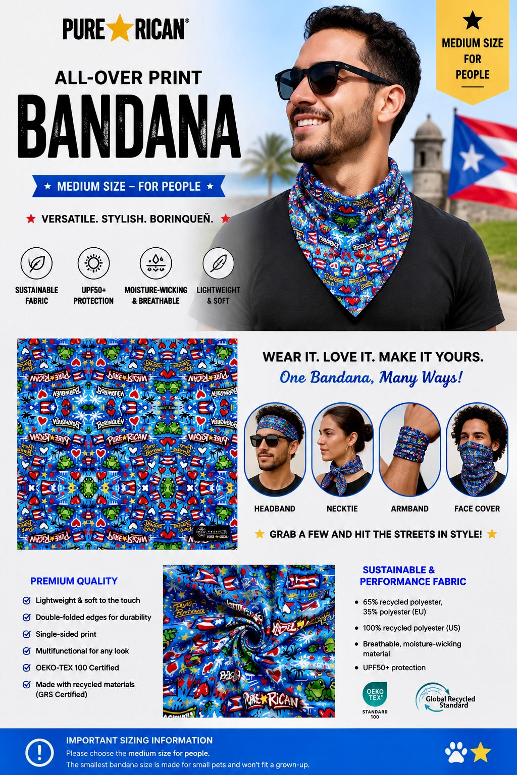 Medium-size Pure⭐️Rican BORINQUÉN all-over print bandana premium complementary image featuring an adult model wearing the blue Puerto Rican graffiti-style bandana as a neck gaiter. Includes styling inspiration for headband, necktie, armband, and face cover wear.