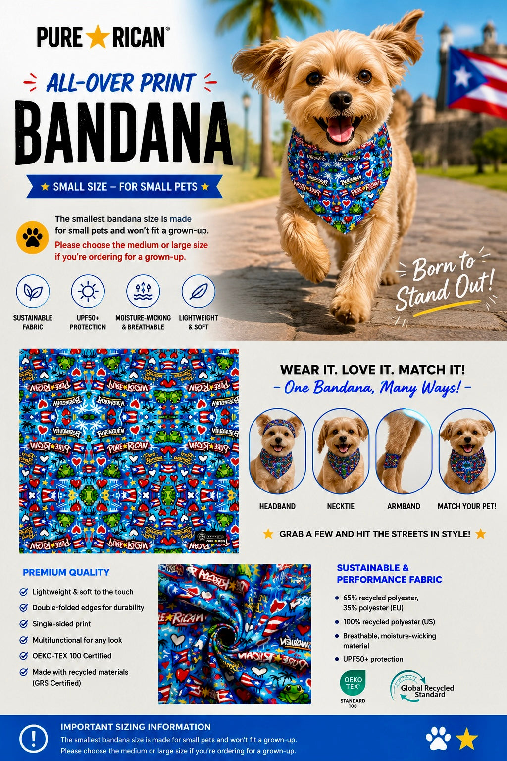 Small-size Pure⭐️Rican BORINQUÉN pet bandana action pose premium complementary image featuring a playful dog running while wearing the blue Puerto Rican graffiti-style bandana with Sapo Concho frog artwork, Puerto Rican flags, and tropical details.