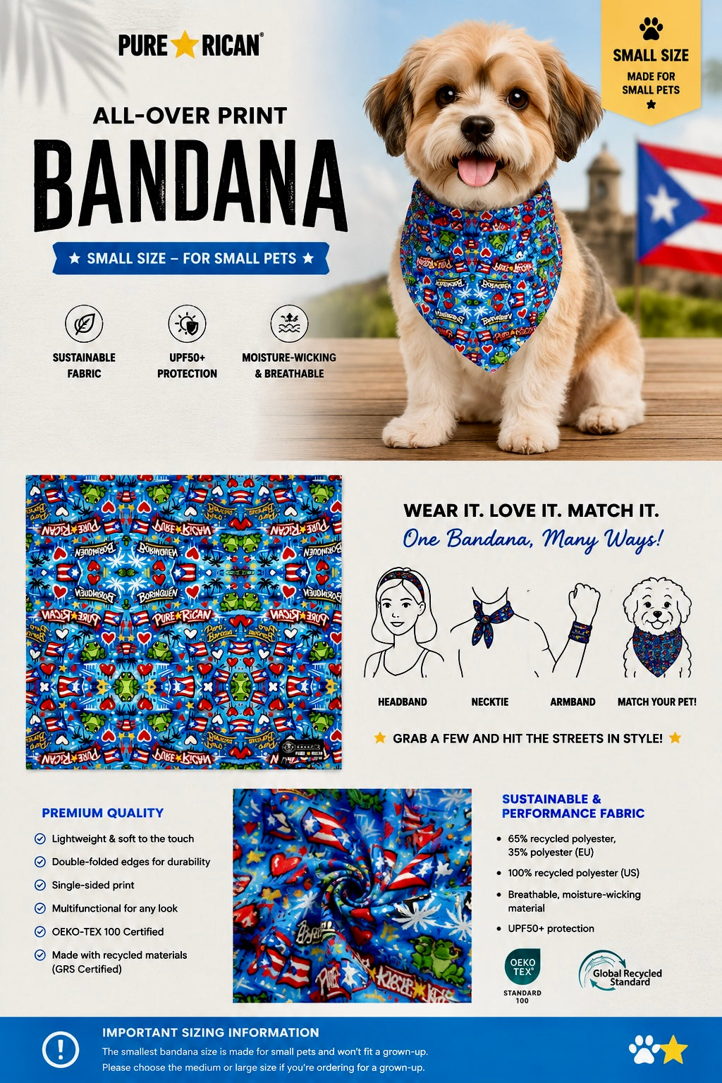 Small-size Pure⭐️Rican BORINQUÉN all-over print pet bandana premium complementary image featuring a small dog wearing the blue Puerto Rican graffiti-style bandana with Sapo Concho frogs, Puerto Rican flags, hearts, and tropical artwork. Designed for small pets with breathable, lightweight fabric.