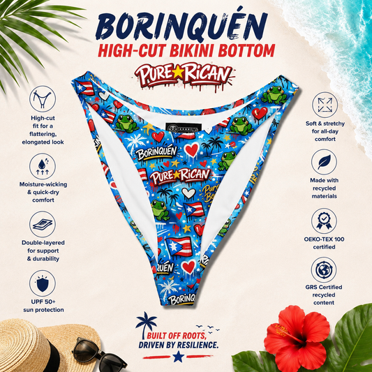 Front view of the Pure⭐️Rican BORINQUÉN Graffiti High-Cut Bikini Bottom featuring Puerto Rican flags, hearts, tropical palms, and Sapo Concho frog artwork with feature highlights including high-cut fit, moisture-wicking comfort, double-layered durability, UPF 50+ protection, recycled materials, and OEKO-TEX certification on a tropical beach-inspired product page design.