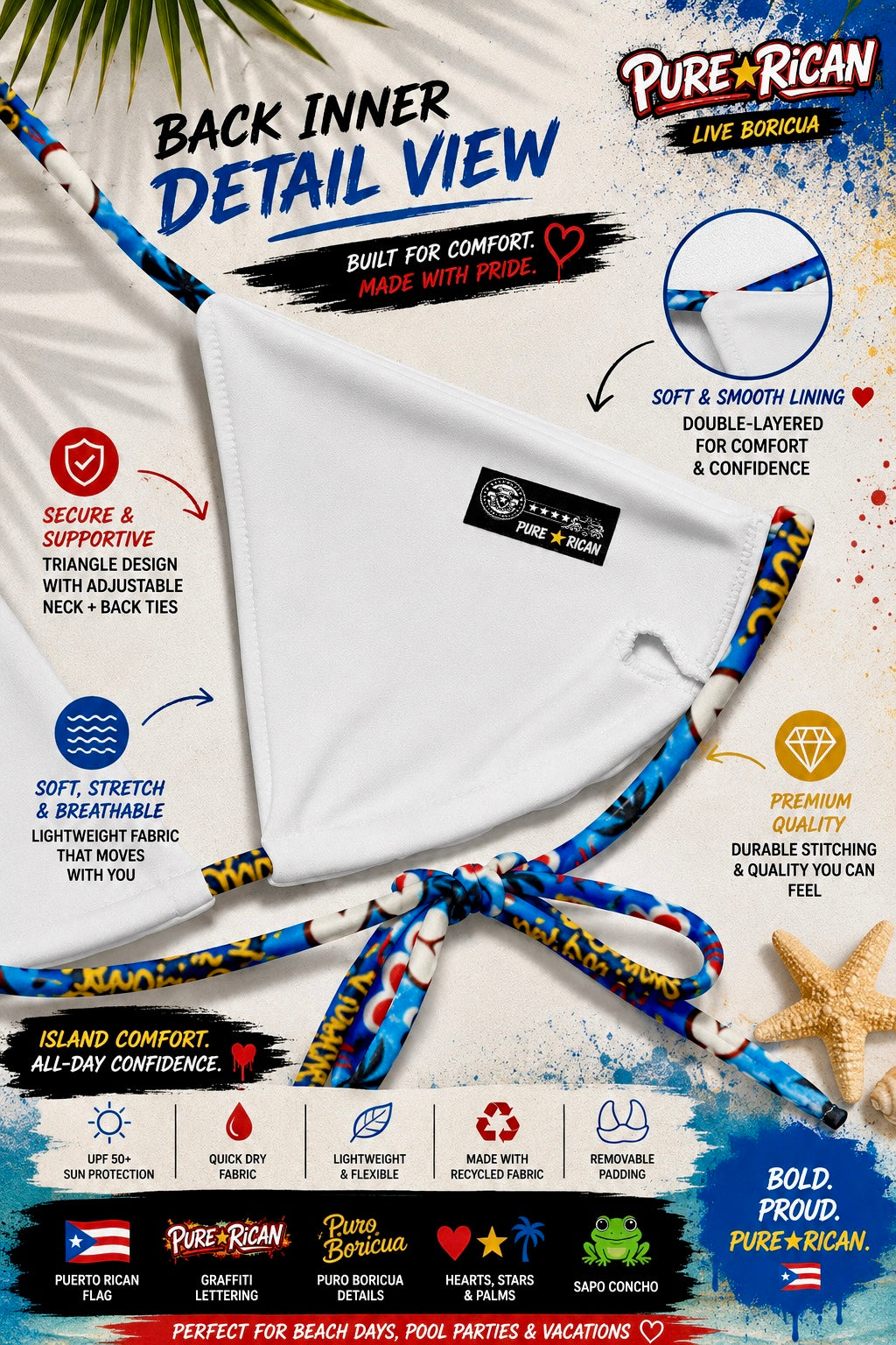 Close-up back inner detail view of the Pure⭐️Rican BORINQUÉN Love Bikini Set bikini top showing soft white inner lining, adjustable neck and back ties, premium stitching, double-layered swim fabric, and Pure⭐️Rican branding label.