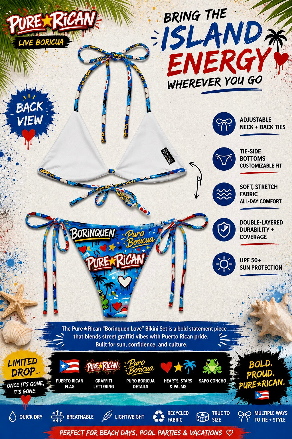 Back view product detail image of the Pure⭐️Rican BORINQUÉN Love Bikini Set showcasing adjustable tie-back triangle bikini top, tie-side bikini bottoms, white inner lining, vibrant Puerto Rican graffiti print, and premium swimwear construction.