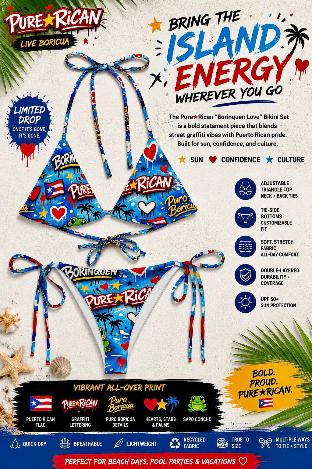 Front view product detail image of the Pure⭐️Rican BORINQUÉN Love Bikini Set featuring vibrant Puerto Rican graffiti artwork, Pure⭐️Rican lettering, Puro Boricua details, hearts, stars, palm trees, Puerto Rican flag accents, and Sapo Concho artwork with adjustable triangle top and tie-side bikini bottoms.