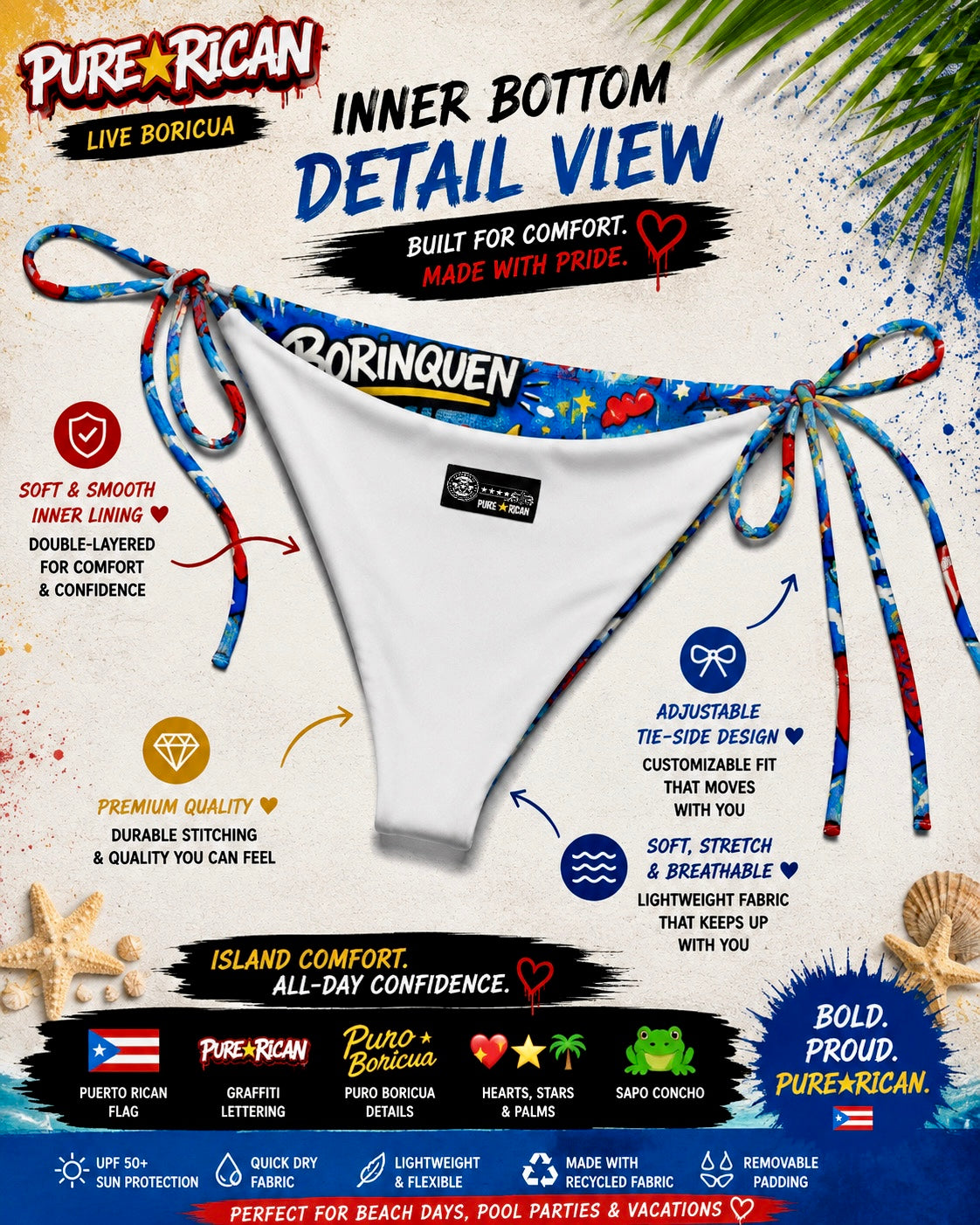 Close-up inner bikini bottom detail view of the Pure⭐️Rican BORINQUÉN Love Bikini Set featuring soft white lining, adjustable tie-side straps, premium stitching, double-layered fabric, and lightweight stretch swim material for comfort and movement.