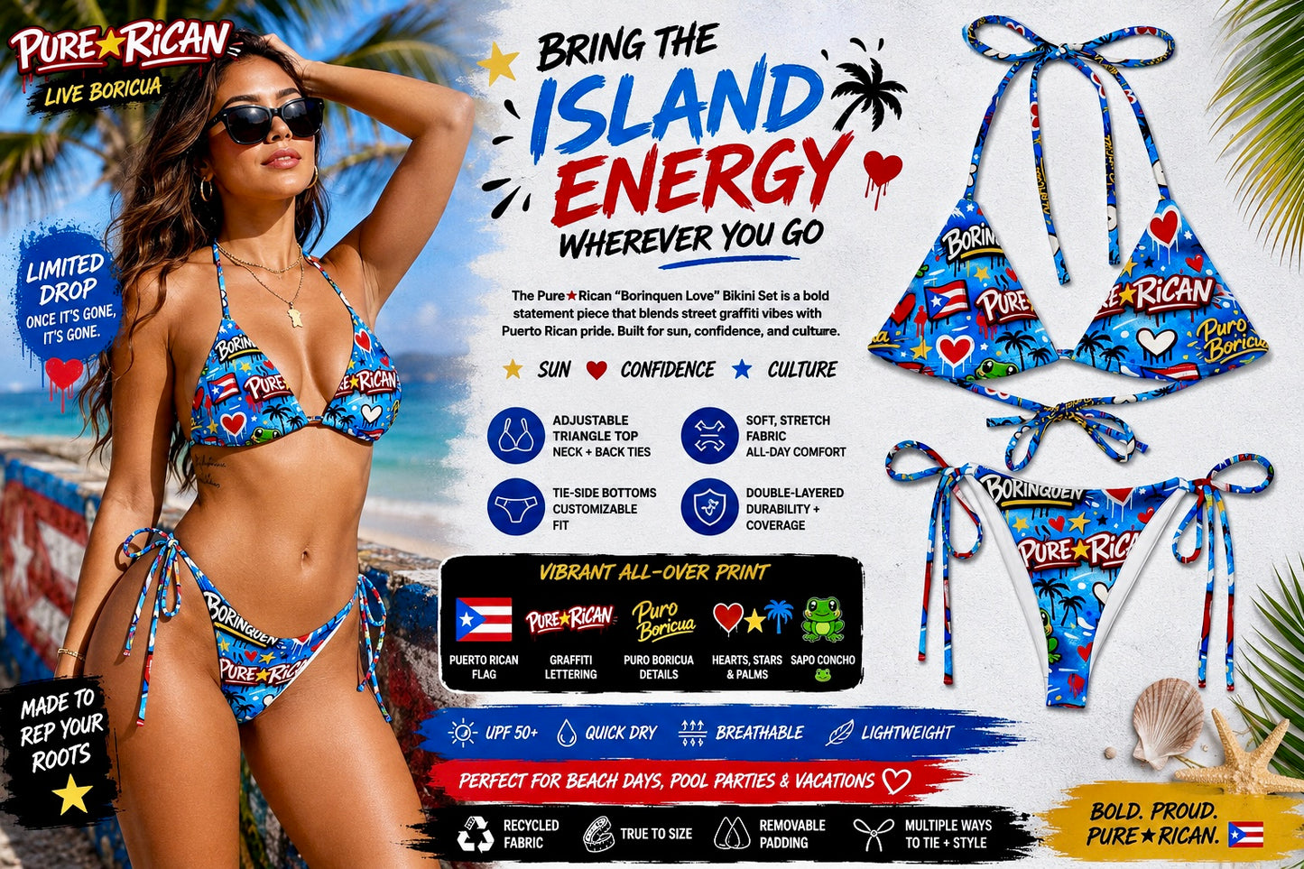 Lifestyle model image of the Pure⭐️Rican BORINQUÉN Love Bikini Set featuring vibrant Puerto Rican graffiti-inspired swimwear with Pure⭐️Rican lettering, Puerto Rican flags, hearts, stars, palm trees, and Sapo Concho artwork in a bold tropical setting.