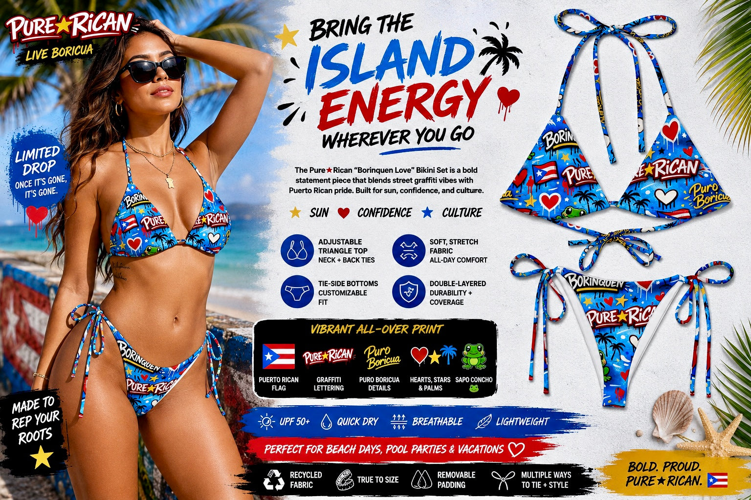 Lifestyle model image of the Pure⭐️Rican BORINQUÉN Love Bikini Set featuring vibrant Puerto Rican graffiti-inspired swimwear with Pure⭐️Rican lettering, Puerto Rican flags, hearts, stars, palm trees, and Sapo Concho artwork in a bold tropical setting.