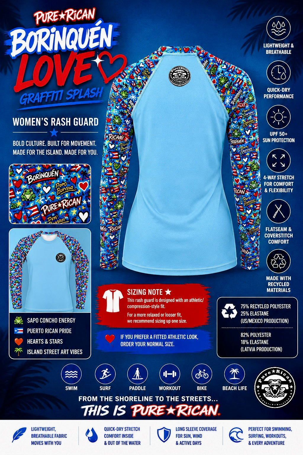 Premium product poster featuring the back view of the Pure⭐️Rican BORINQUÉN Love Graffiti Splash women’s rash guard with Puerto Rican graffiti sleeves, ocean-blue body, athletic fit details, and beach performance feature callouts.