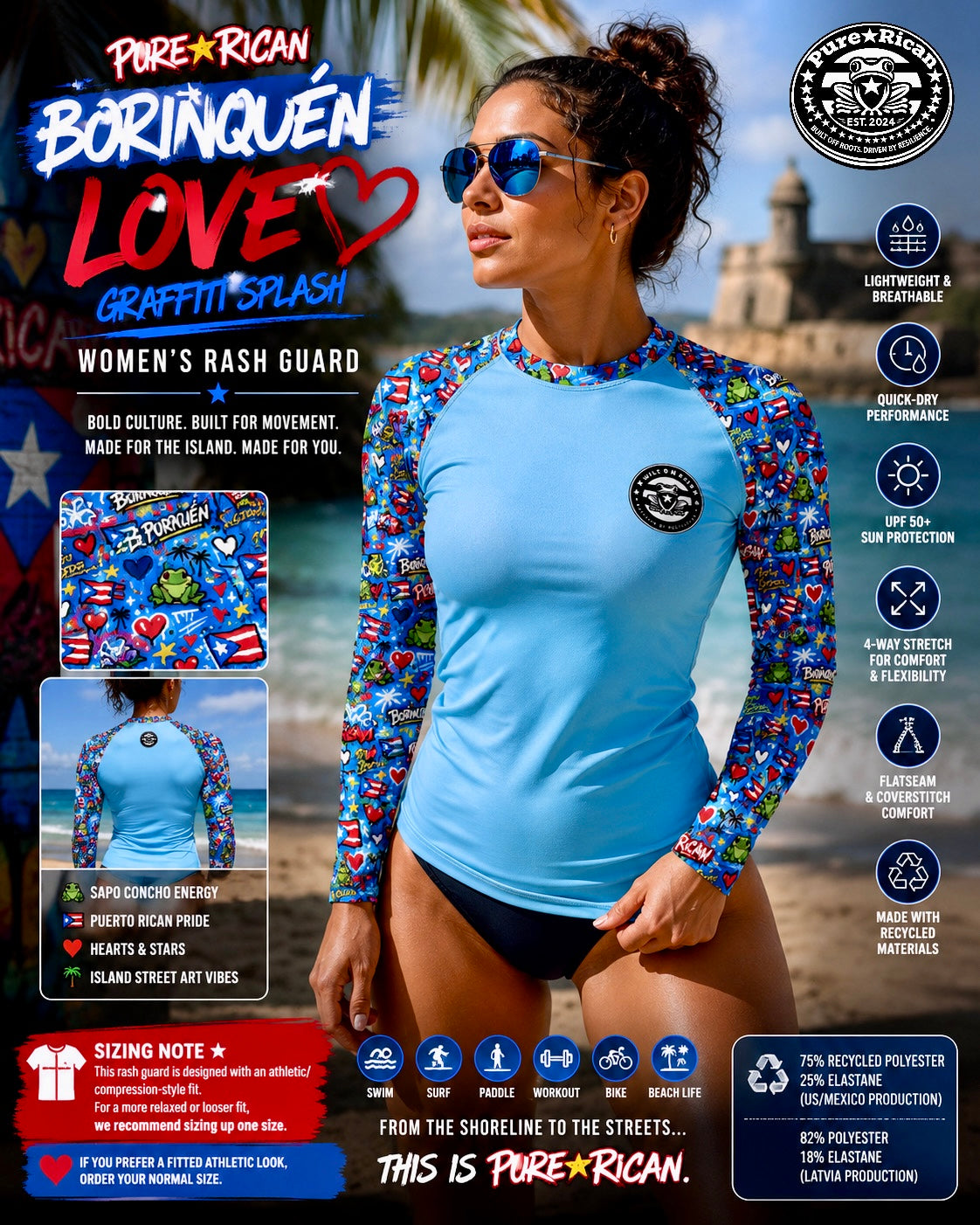 Woman wearing the Pure⭐️Rican BORINQUÉN Love Graffiti Splash women’s rash guard in a tropical beach setting featuring blue body fabric, Puerto Rican graffiti sleeves, Sapo Concho details, and athletic beachwear styling.