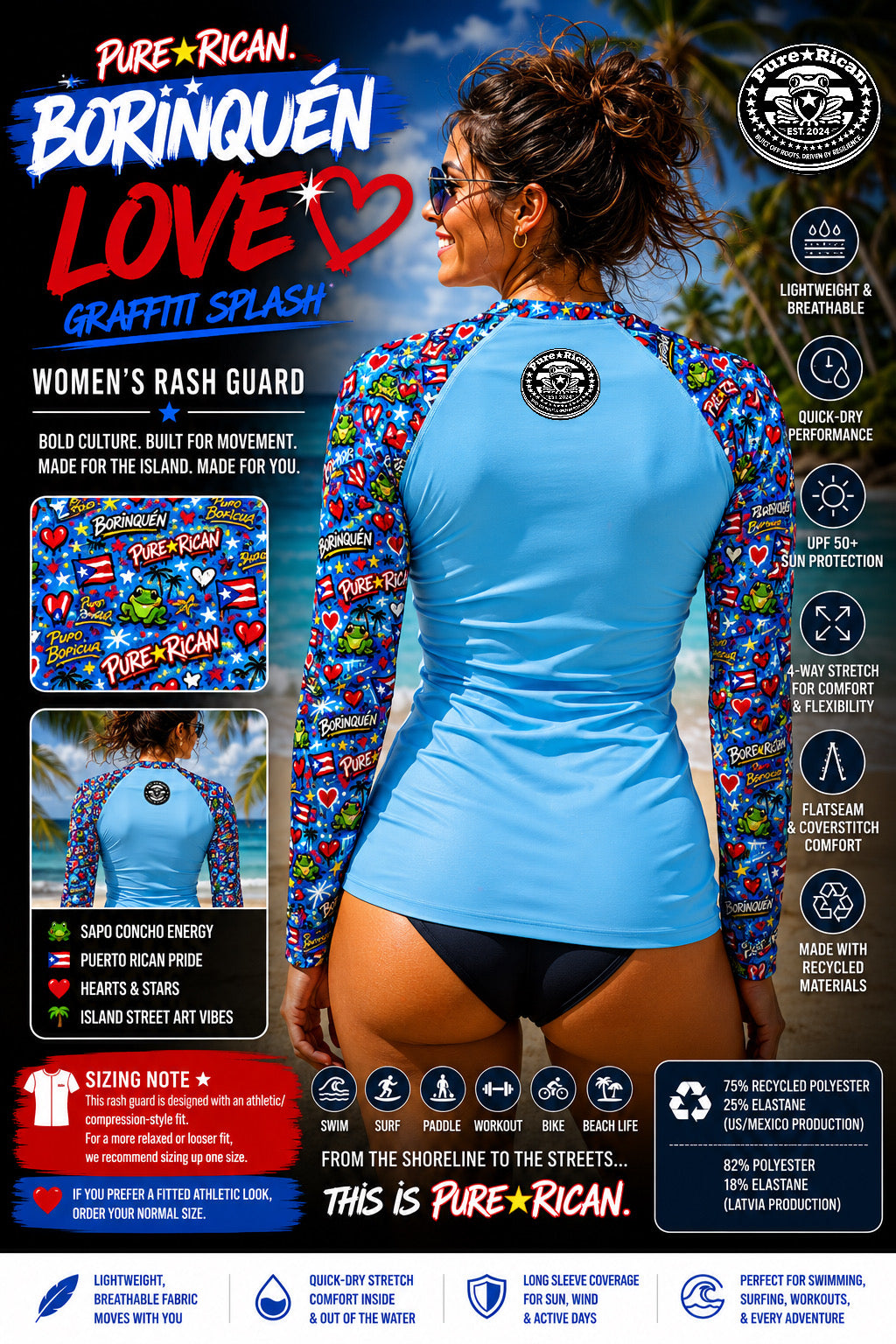 Back view promotional poster of the Pure⭐️Rican BORINQUÉN Love Graffiti Splash women’s rash guard featuring Puerto Rican graffiti sleeves, ocean-blue body, back neck branding detail, and athletic beachwear performance design.