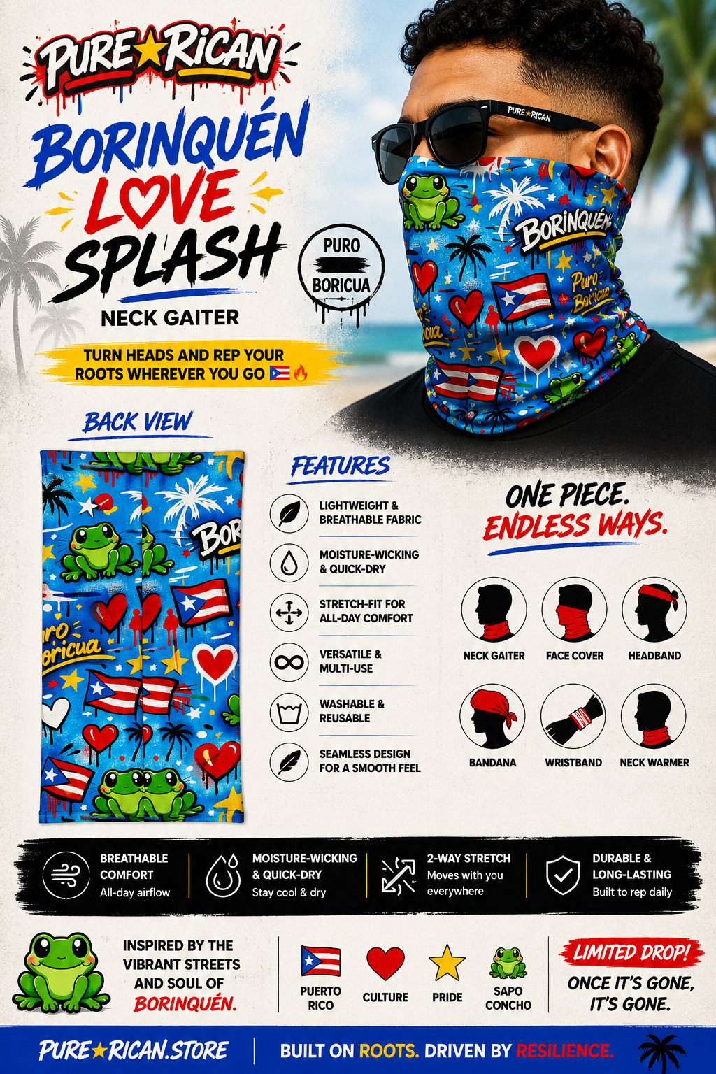Pure⭐️Rican BORINQUÉN Love Splash Neck Gaiter premium promotional image showing back view of neck gaiter with Puerto Rican flag graphics, hearts, stars, palm trees, Sapo Concho frog mascot, and multi-use wear options.