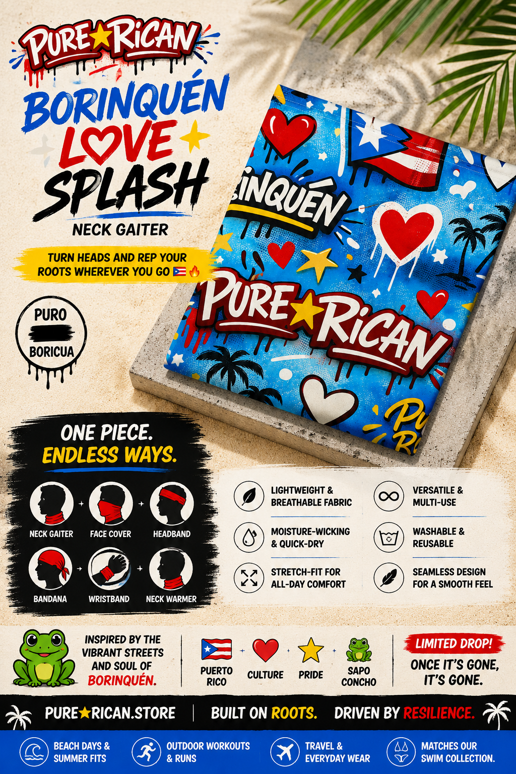 Folded Pure⭐️Rican BORINQUÉN Love Splash Neck Gaiter product image featuring graffiti-style Puerto Rican artwork, Pure⭐️Rican logo, hearts, stars, palm graphics, and tropical beach-inspired premium presentation.