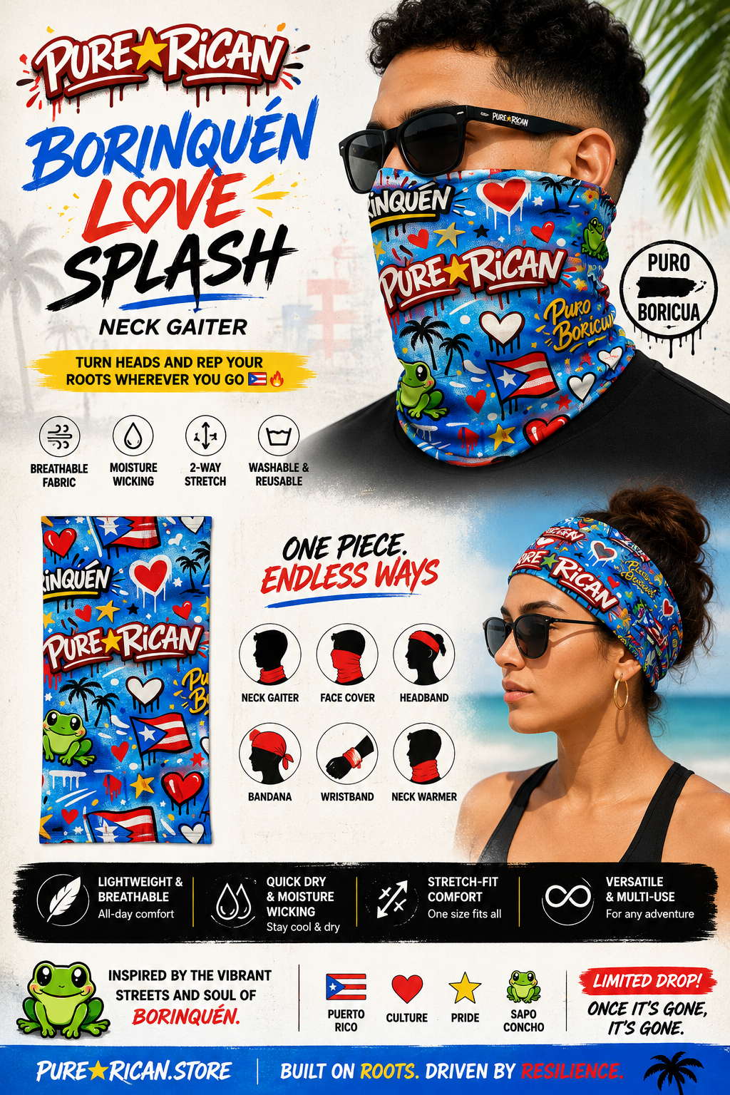 Pure⭐️Rican BORINQUÉN Love Splash Neck Gaiter promotional image featuring front view product, male model wearing neck gaiter as face cover, female model wearing as headband, Puerto Rican graffiti design with Sapo Concho frog mascot, breathable multi-use summer accessory.