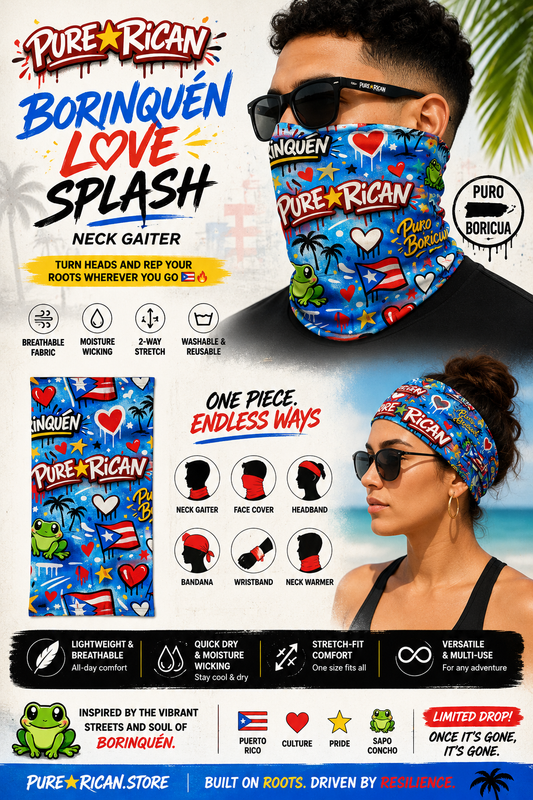 Pure⭐️Rican BORINQUÉN Love Splash Neck Gaiter promotional image featuring front view product, male model wearing neck gaiter as face cover, female model wearing as headband, Puerto Rican graffiti design with Sapo Concho frog mascot, breathable multi-use summer accessory.