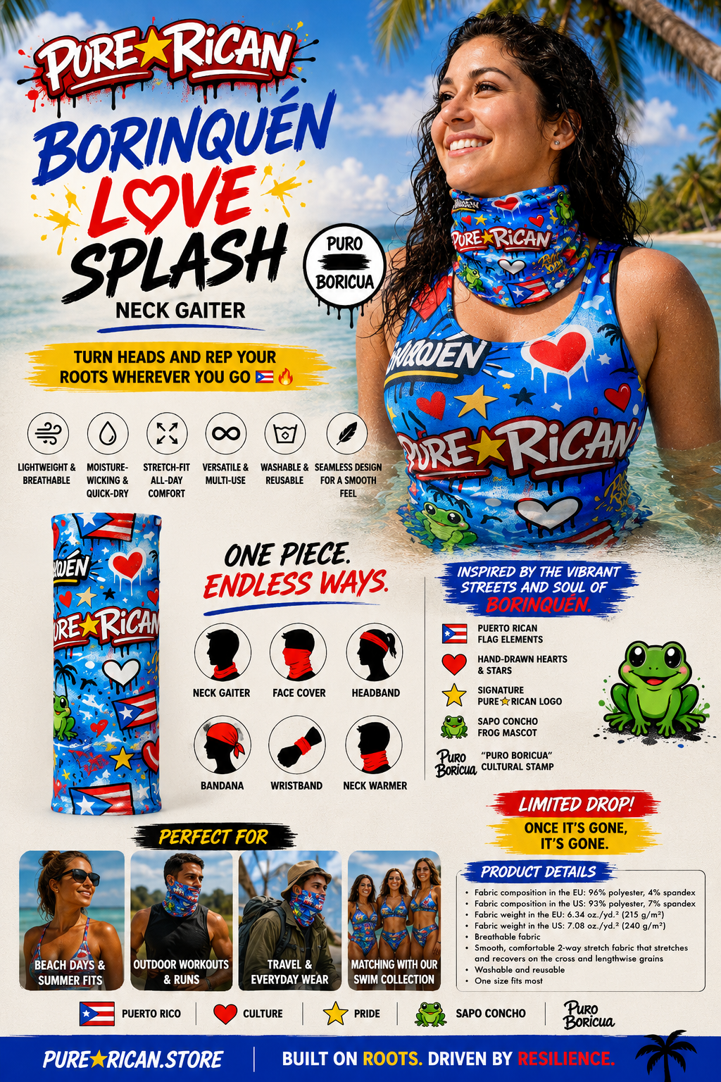 Pure⭐️Rican BORINQUÉN Love Splash Neck Gaiter lifestyle image featuring female model wearing matching swimwear and neck gaiter at a tropical beach, showcasing Puerto Rican-inspired graffiti artwork and summer collection styling.