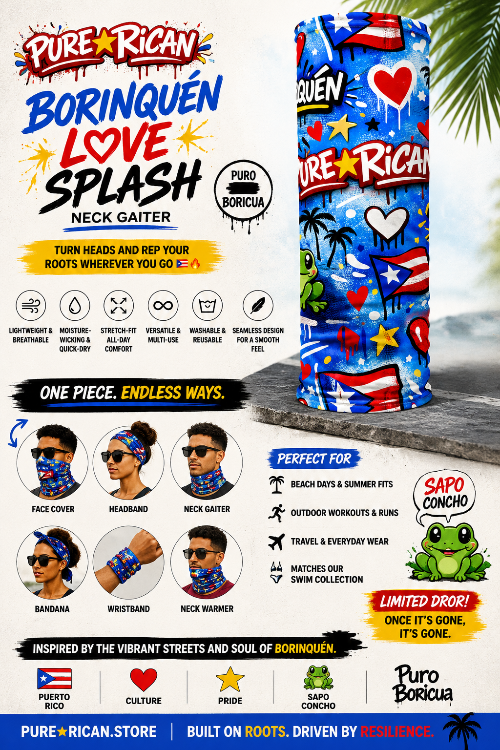 Standing Pure⭐️Rican BORINQUÉN Love Splash Neck Gaiter premium product display featuring front artwork, breathable performance fabric details, multi-use styling options, and tropical Puerto Rican-inspired graphics.