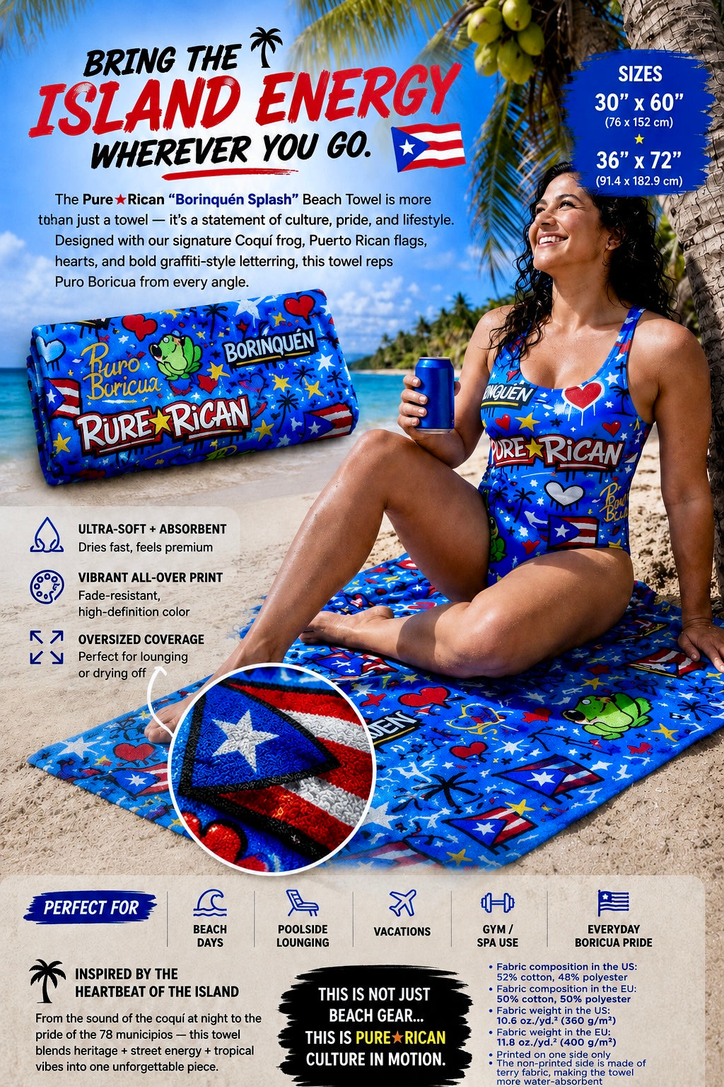 Pure⭐️Rican BORINQUÉN Splash beach towel shown with lifestyle beach model relaxing on tropical sand, featuring Puerto Rican-inspired graffiti artwork and available towel sizes.