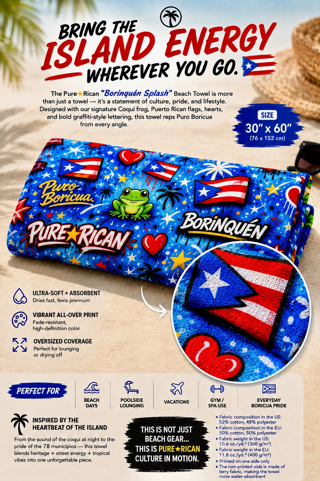 Folded 30x60 Pure⭐️Rican BORINQUÉN Splash beach towel with premium fabric close-up detail showing Puerto Rican flag graphics, hearts, and tropical graffiti design.