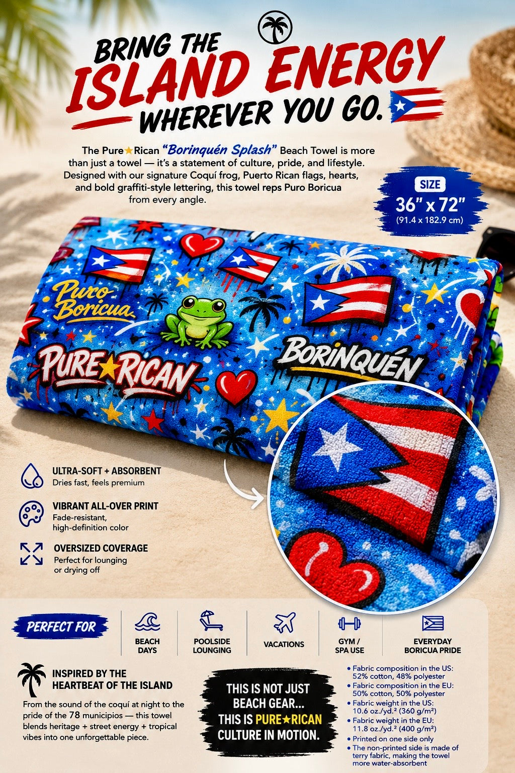Folded Pure⭐️Rican BORINQUÉN Splash beach towel featuring close-up texture detail, Puerto Rican flag artwork, Sapo Concho frog mascot, and premium absorbent fabric in 36x72 size.