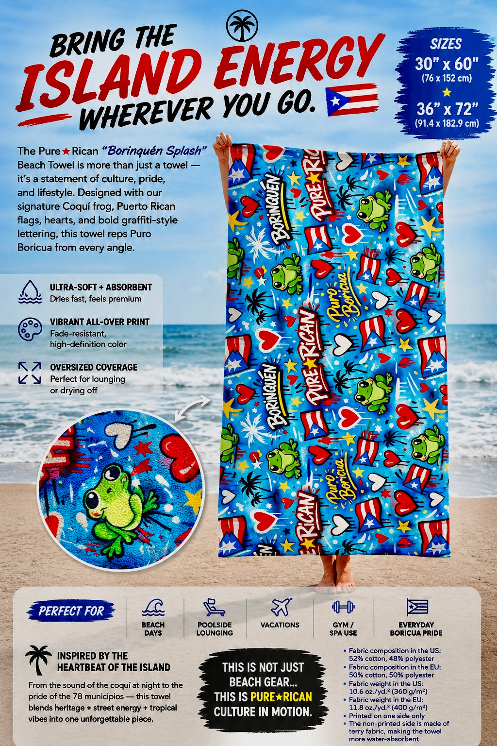 Beach lifestyle image of model holding the Pure⭐️Rican BORINQUÉN Splash beach towel featuring Puerto Rican flags, hearts, Sapo Concho frog mascot, and premium oversized towel coverage.