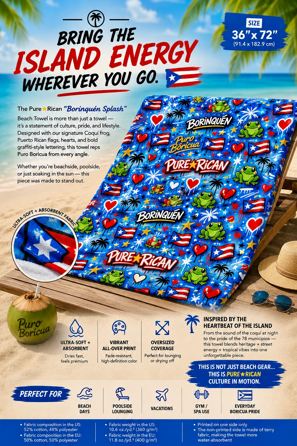 Large 36x72 Pure⭐️Rican BORINQUÉN Splash beach towel displayed on a wooden beach lounge chair with vibrant Puerto Rican graffiti-inspired artwork and tropical beach backdrop.