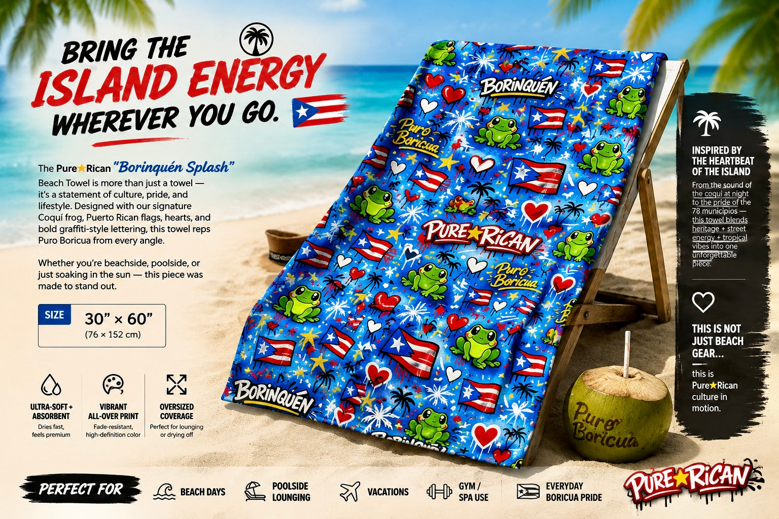 Pure⭐️Rican BORINQUÉN Splash beach towel displayed on a beach lounge chair featuring Puerto Rican flags, Sapo Concho frog mascot, hearts, graffiti artwork, and tropical island vibes in 30x60 size.