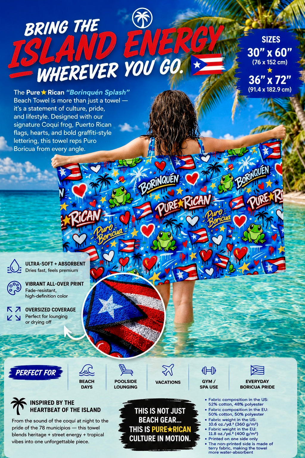 Pure⭐️Rican BORINQUÉN Splash beach towel displayed by ocean water in a tropical lifestyle scene featuring Puerto Rican-inspired artwork, graffiti graphics, and oversized premium beach towel design.