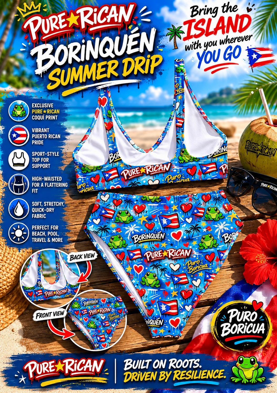 Pure⭐️Rican BORINQUÉN Summer Drip swim set premium beach display showing back view details, sporty bikini top, high-waisted bottoms, and front/back product comparison with Puerto Rican-inspired graffiti artwork.