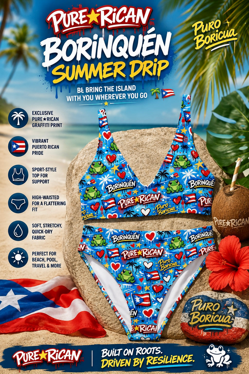 Pure⭐️Rican BORINQUÉN Summer Drip swim set front view featuring graffiti-style Puerto Rican design with Sapo Concho frog, Puerto Rican flags, hearts, tropical details, and high-waisted bikini bottoms displayed on a tropical beach backdrop.