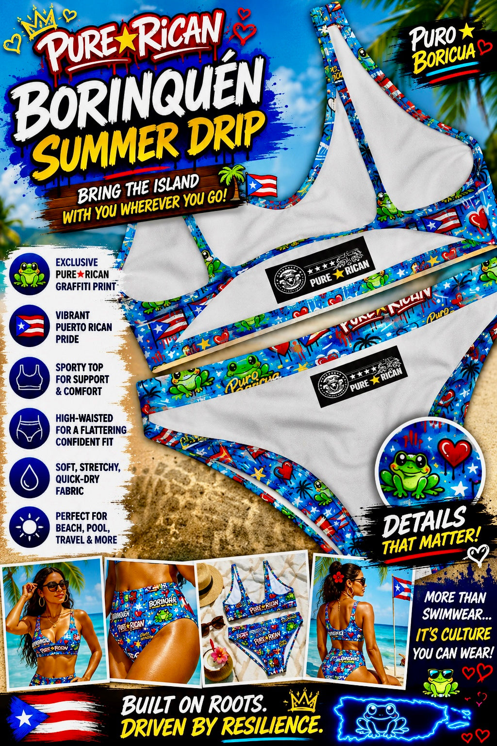 Inner detail view of the Pure⭐️Rican BORINQUÉN Summer Drip swim set showing interior lining, premium stitching, branded Pure⭐️Rican label, sporty bikini top, and high-waisted bottoms with Puerto Rican graffiti print.
