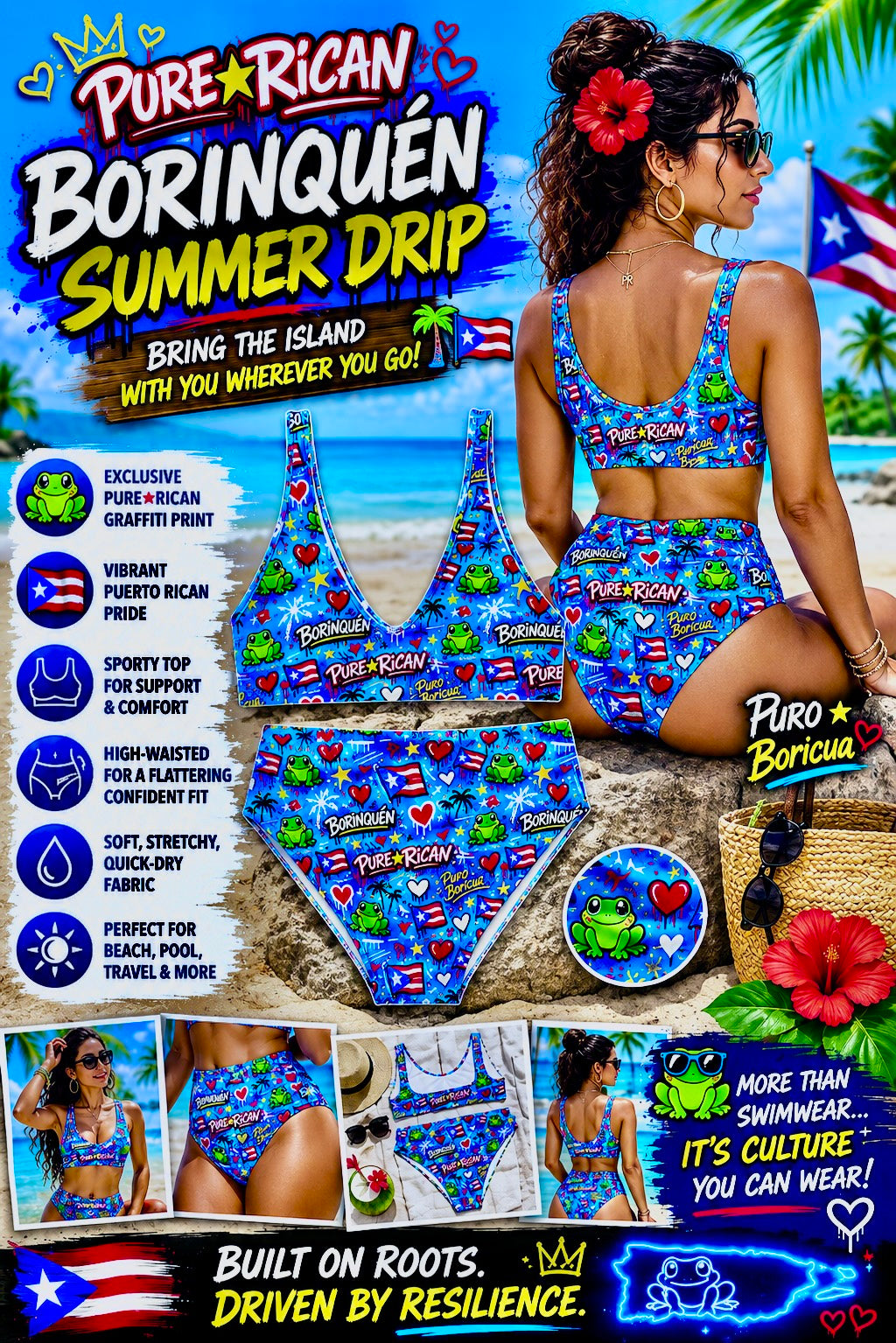 Model wearing the Pure⭐️Rican BORINQUÉN Summer Drip swim set back view featuring sporty bikini top and high-waisted bottoms with Puerto Rican graffiti-inspired artwork at a tropical beach setting.