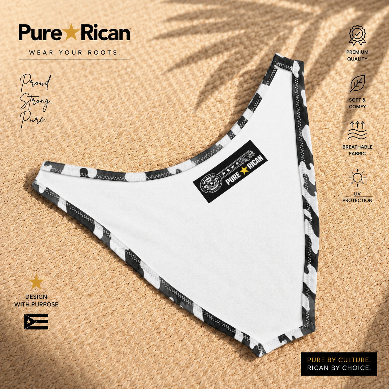 Inside branding view of the Pure⭐️Rican black and white camouflage bikini bottom featuring premium inner logo branding, clean stitching detail, soft interior lining, and minimalist tropical product display background highlighting comfort and quality craftsmanship.