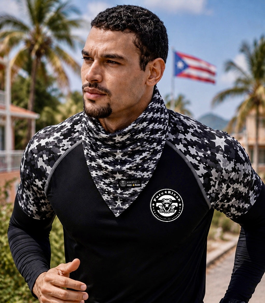 Male model wearing the Pure⭐️Rican Black Camel bandana during an active outdoor run with Puerto Rican tropical scenery in the background.