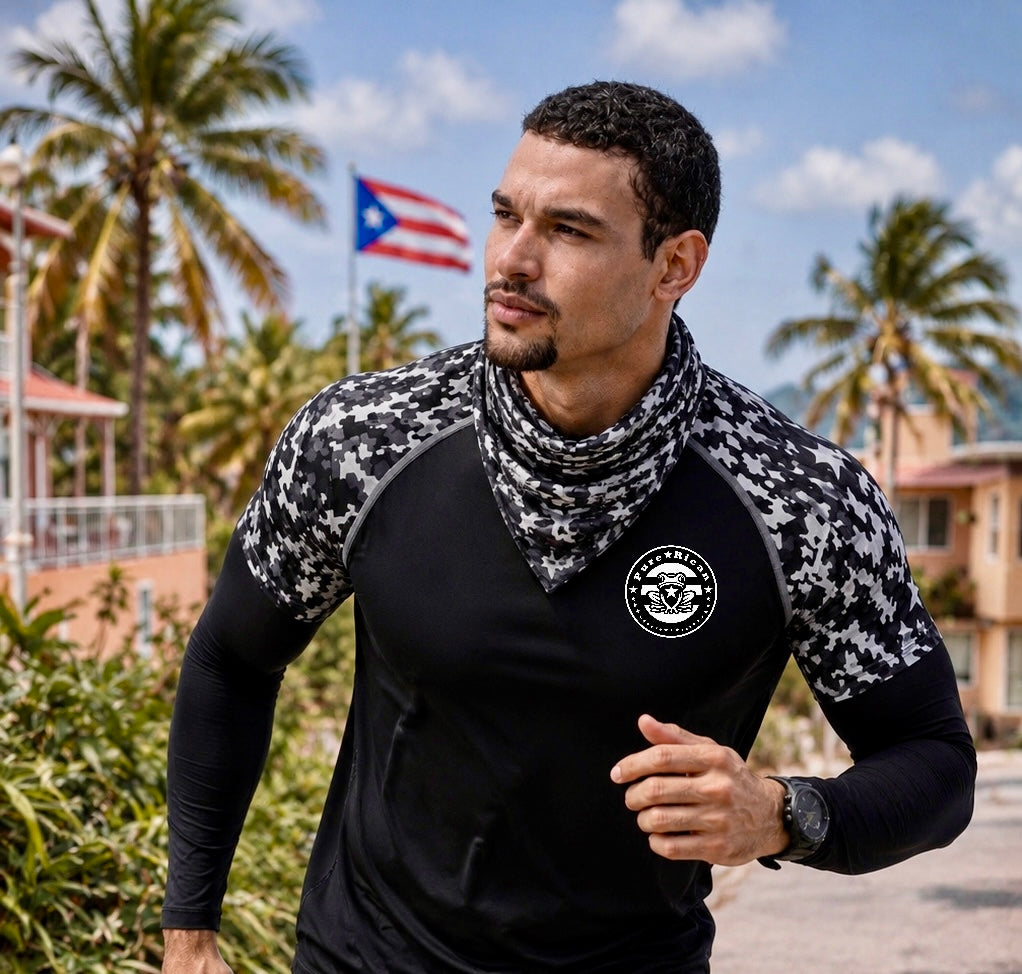 Male model running outdoors wearing the Pure⭐️Rican Black Camel multifunctional bandana and athletic apparel.