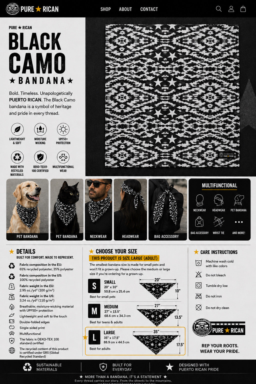 Pure⭐️Rican Black Camo multifunctional bandana in large adult size featuring Puerto Rican inspired black and grey camo pattern with sizing details.