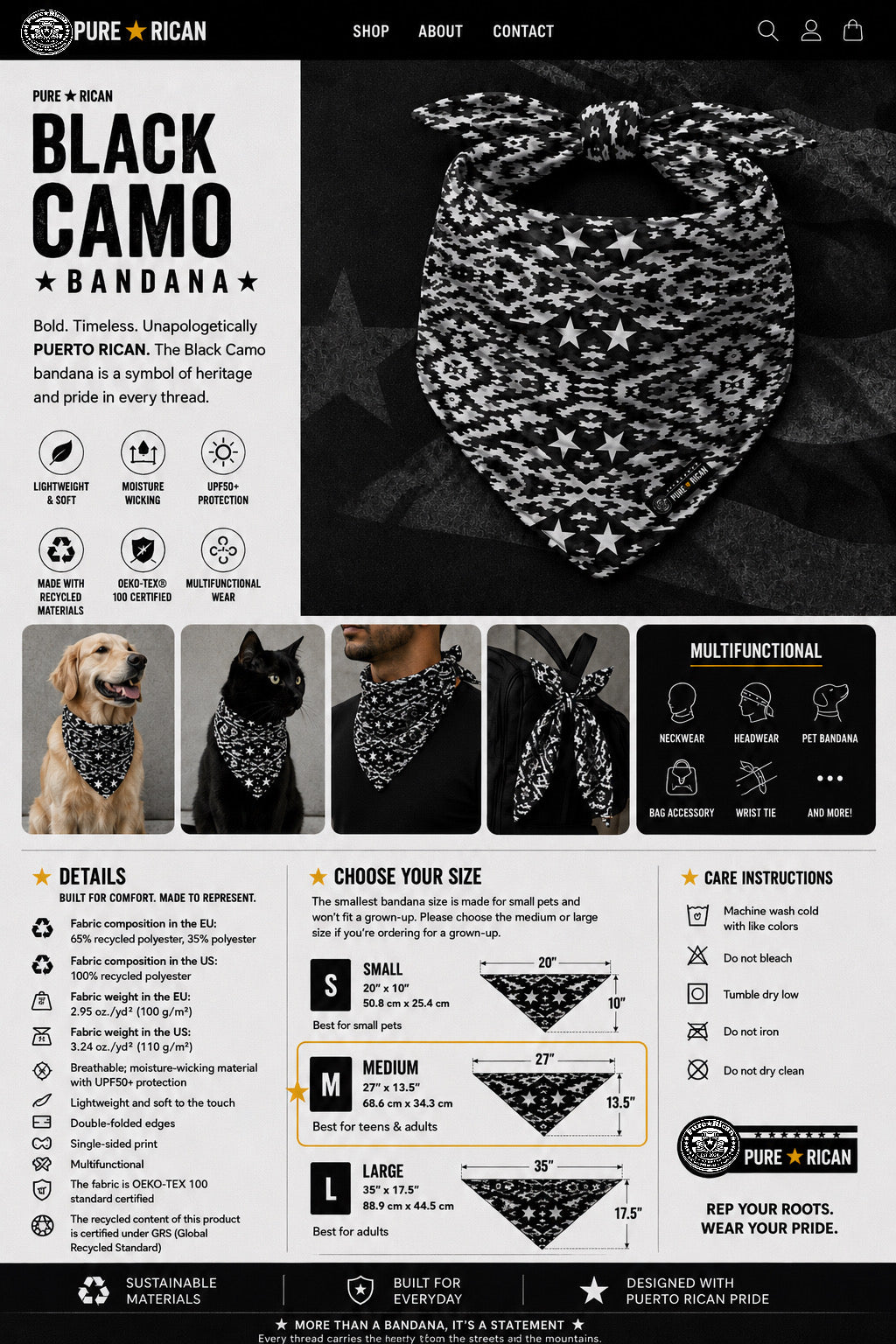 Pure⭐️Rican Black Camo multifunctional bandana in medium adult size featuring Puerto Rican inspired black and grey camo pattern with highlighted sizing guide.