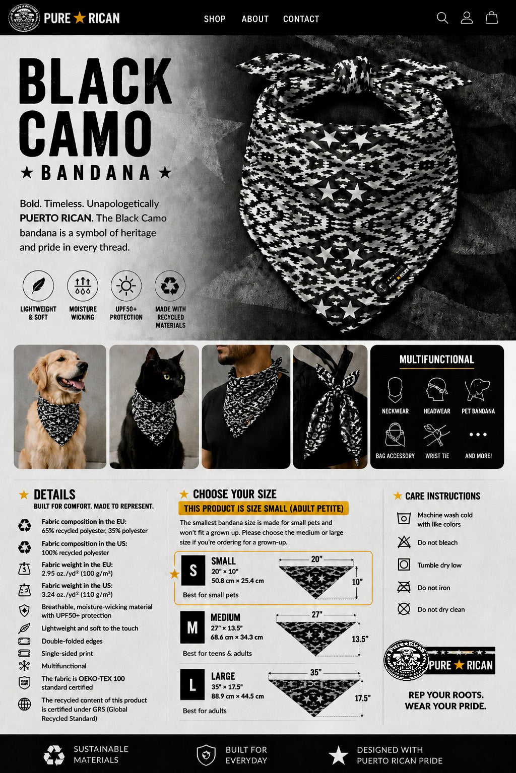 Pure⭐️Rican Black Camo multifunctional bandana in small pet size featuring Puerto Rican inspired black and grey camo pattern with product features and sizing guide.
